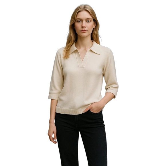Joie Beige Cotton Sweater White Peter Pan Collar, Preppy Romantic Medium NWT - Picture 1 of 9